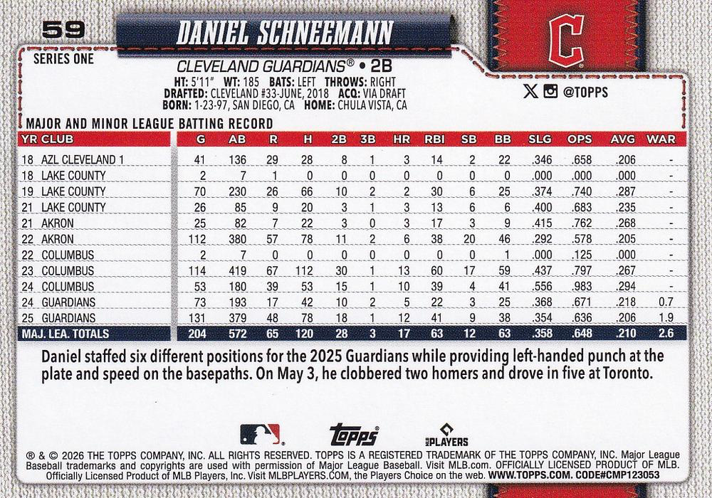 2026 Topps Series 1 Daniel Schneemann #59 Cleveland Guardians