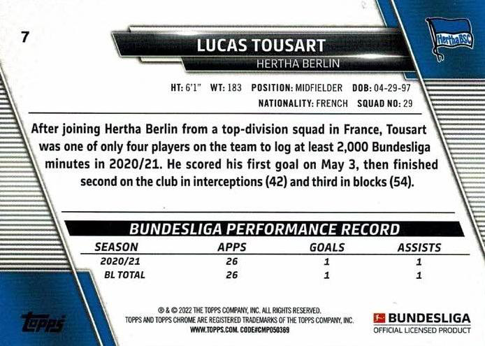 2021 Topps Chrome Bundesliga Lucas Tousart #7 Hertha BSC Berlin