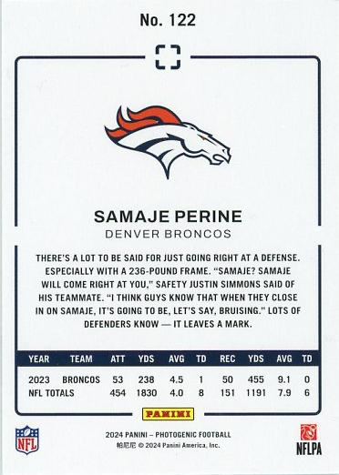 2024 Panini Photogenic Samaje Perine #122 Denver Broncos