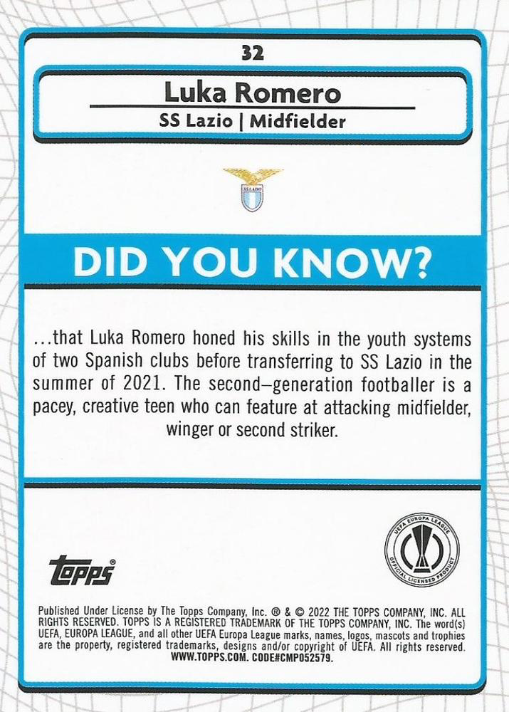 2021 Topps Merlin UEFA Club Competitions Luka Romero RC #32 Lazio