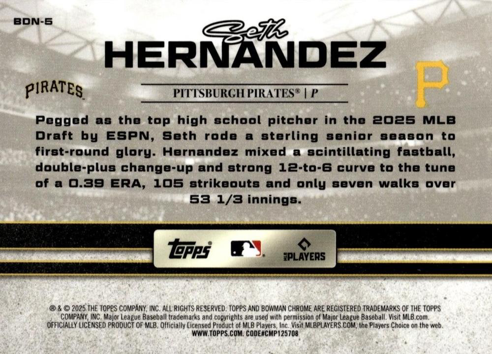 2025 Topps Bowman Draft Draft Night Seth Hernandez #BDN-5 Pittsburgh Pirates