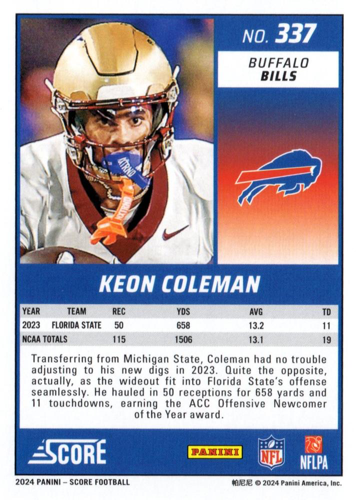 2024 Panini Score Football Keon Coleman Buffalo Bills #337 RC