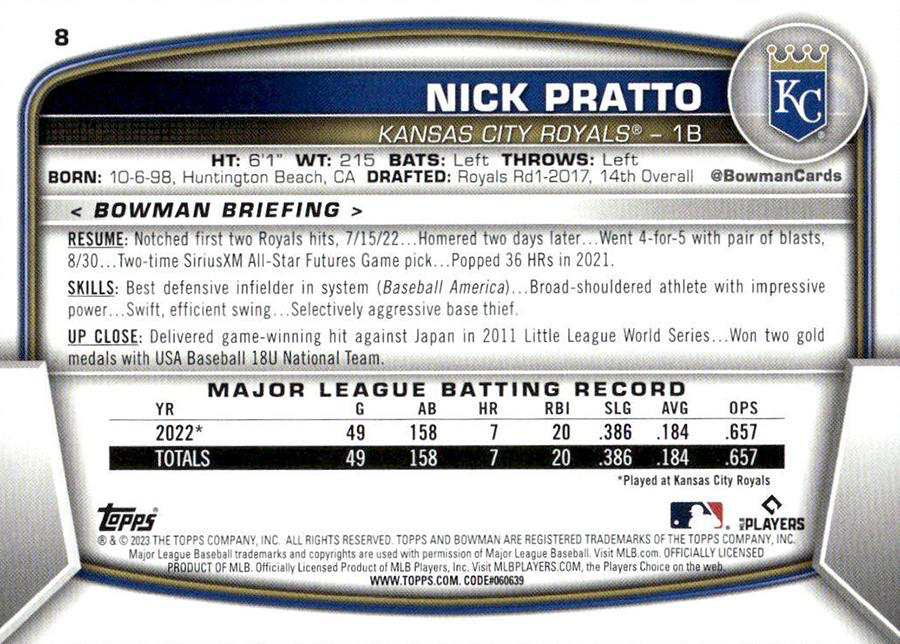 2023 Topps Bowman Nick Pratto RC Kansas City Royals #8