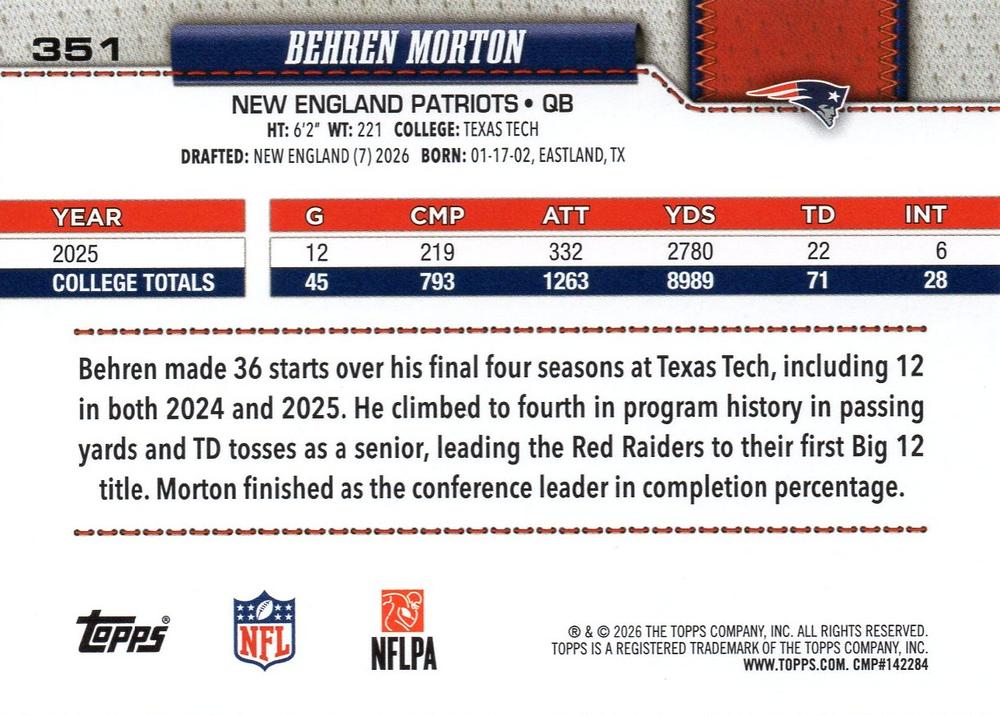 2026 Topps Flagship RC Behren Morton #351 New England Patriots