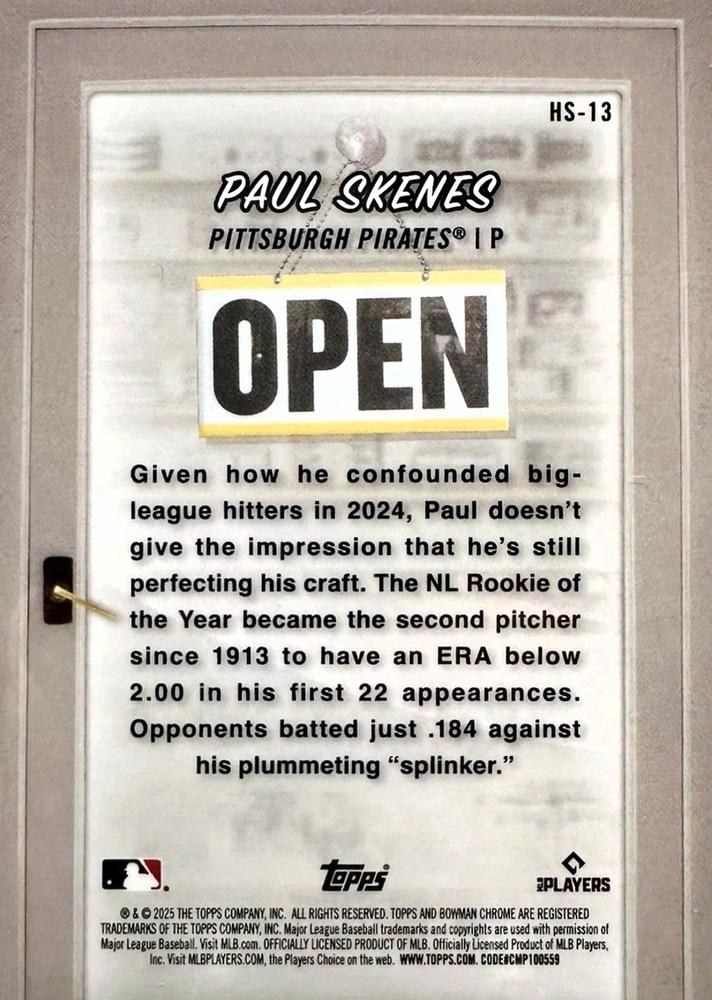2025 Topps Bowman Hobby Stars Paul Skenes Pittsburgh Pirates #HS-13