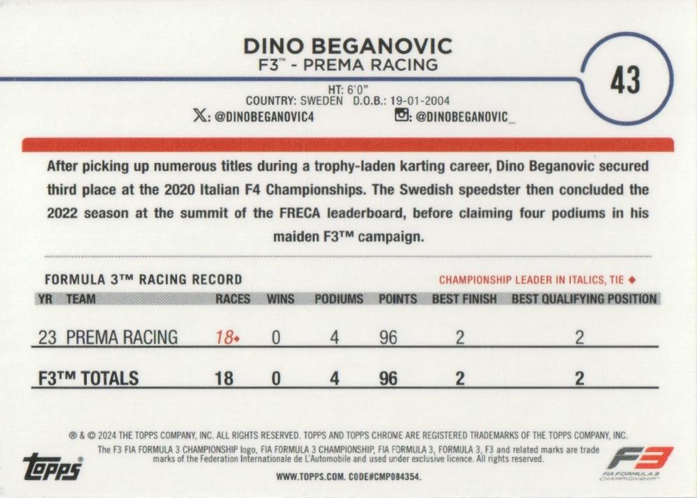 2024 Topps Chrome Formula 1 Dino Beganovic F3D #43 Prema Racing