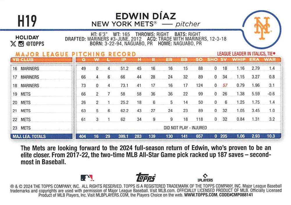 2024 Topps Holiday Edwin Díaz New York Mets #H19