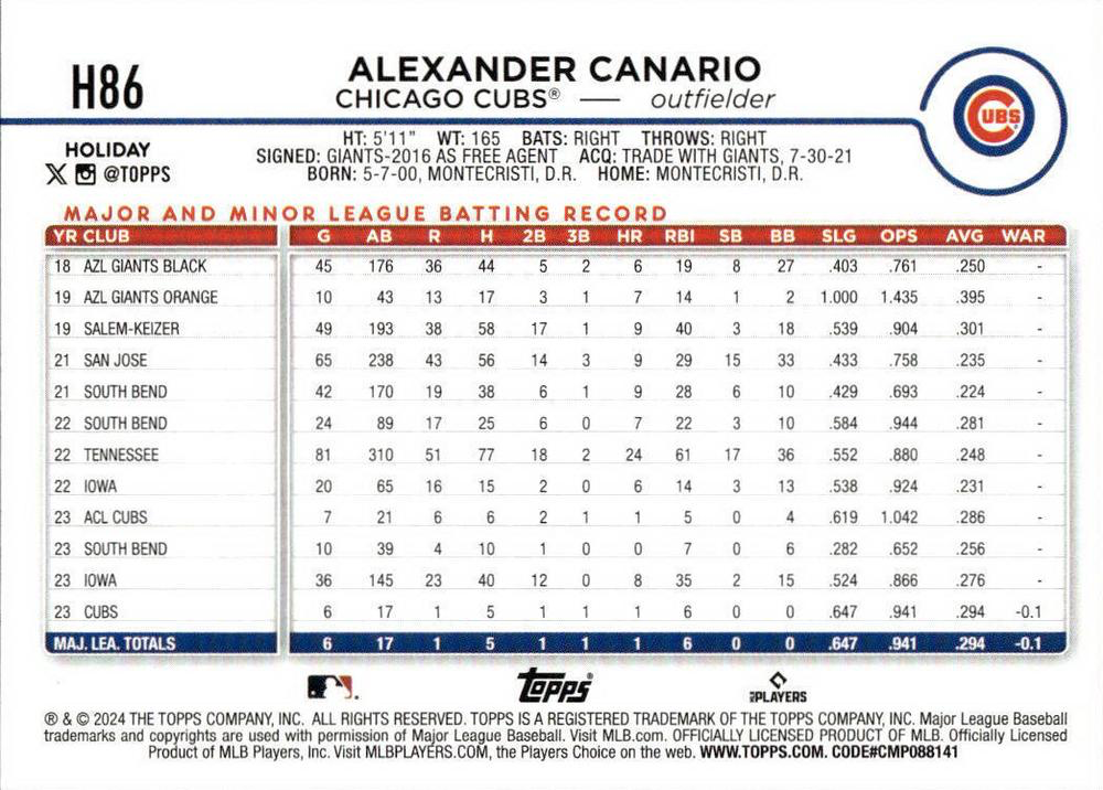 2024 Topps Holiday Silver Glitter Alexander Canario RC Chicago Cubs #H86