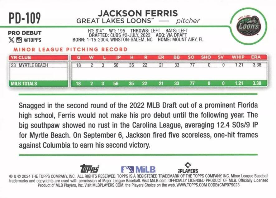2024 Topps Pro Debut Jackson Ferris #PD-109 Great Lakes Loons