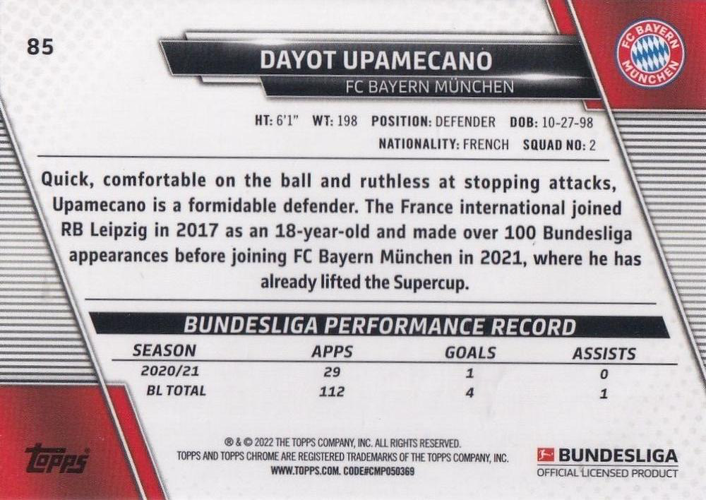 2021 Topps Chrome Bundesliga Dayot Upamecano #85 FC Bayern Munich