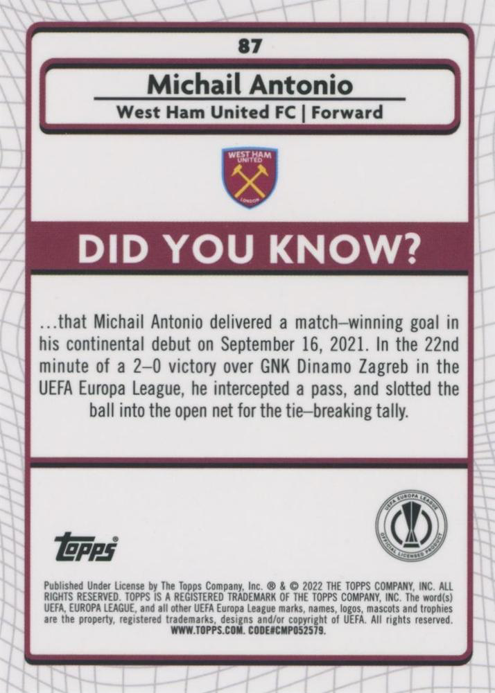 2021 Topps Merlin UEFA Club Competitions Michail Antonio #87 West Ham United