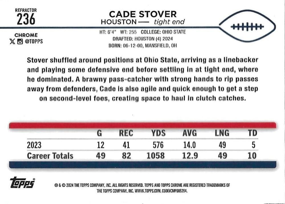 2024 Topps Chrome Football Refractor Cade Stover RC #236 Houston Texans