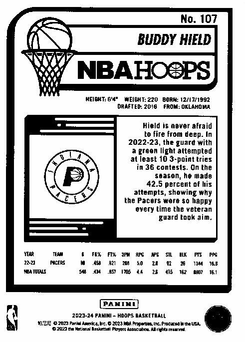 2023 Panini Hoops Buddy Hield #107 Indiana Pacers