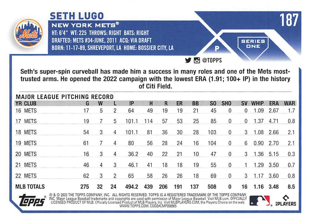 2023 Topps Series 1 Seth Lugo New York Mets #187