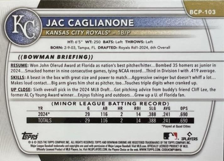 2025 Topps Bowman Chrome Prospect Jac Caglianone #BCP-103 Kansas City Royals