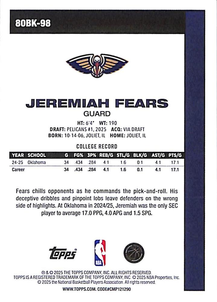 2025 Topps NBA 1980-81 Topps Basketball Jeremiah Fears 80BK-98 New Orleans Pelicans