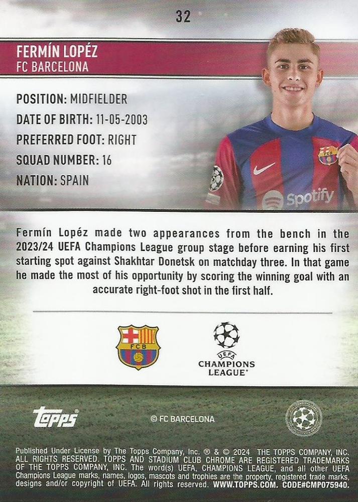 2023 Topps Stadium Club Chrome UCC RC Fermín López #32 FC Barcelona