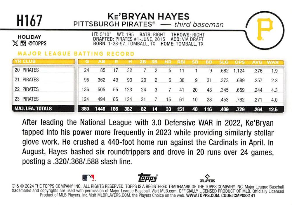 2024 Topps Holiday Blue Metallic Glitter Ke'Bryan Hayes Pittsburgh Pirates #H167
