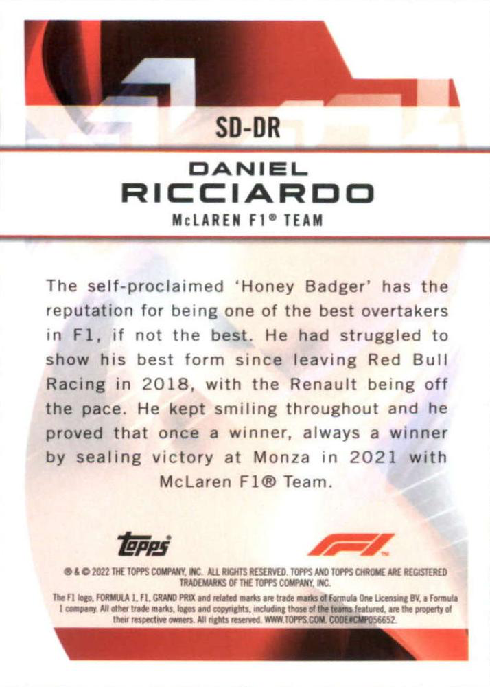 2022 Topps Chrome Formula 1 Speed Demons Daniel Ricciardo SD-DR McLaren F1 Team