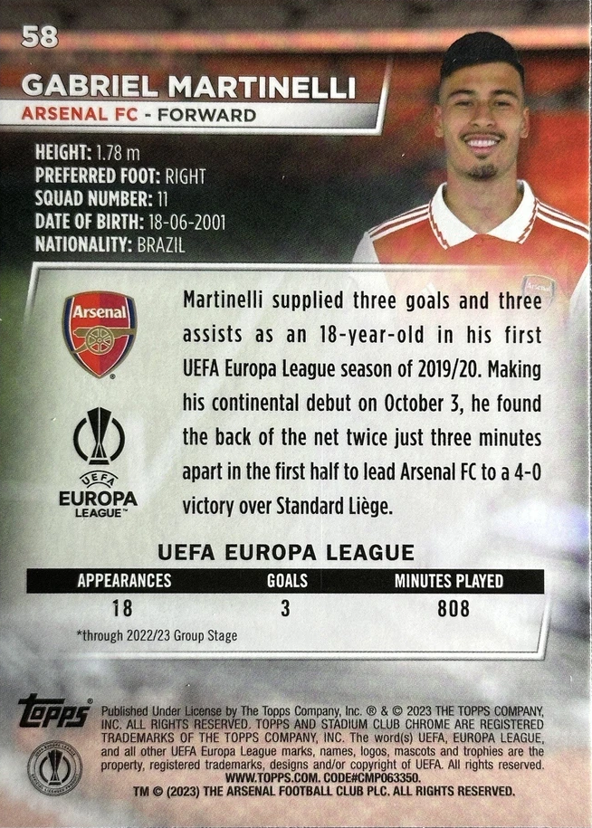 2022 Topps Stadium Club Chrome UCC Gabriel Martinelli Pink/Red Electric Charge Refractor #58 Arsenal FC