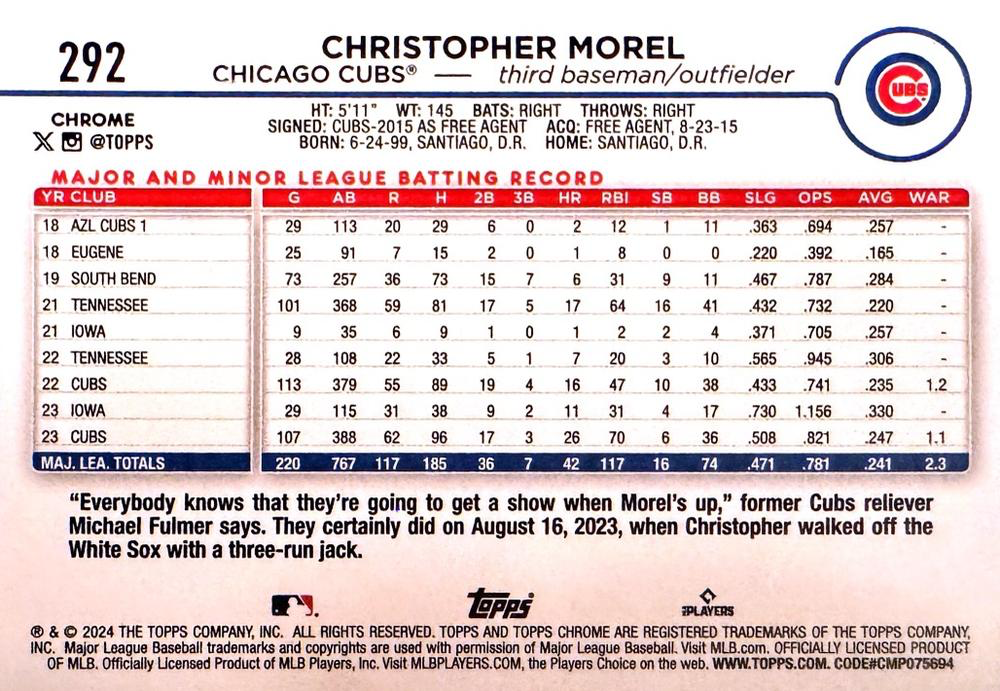 2024 Topps Chrome Christopher Morel Chicago Cubs #292