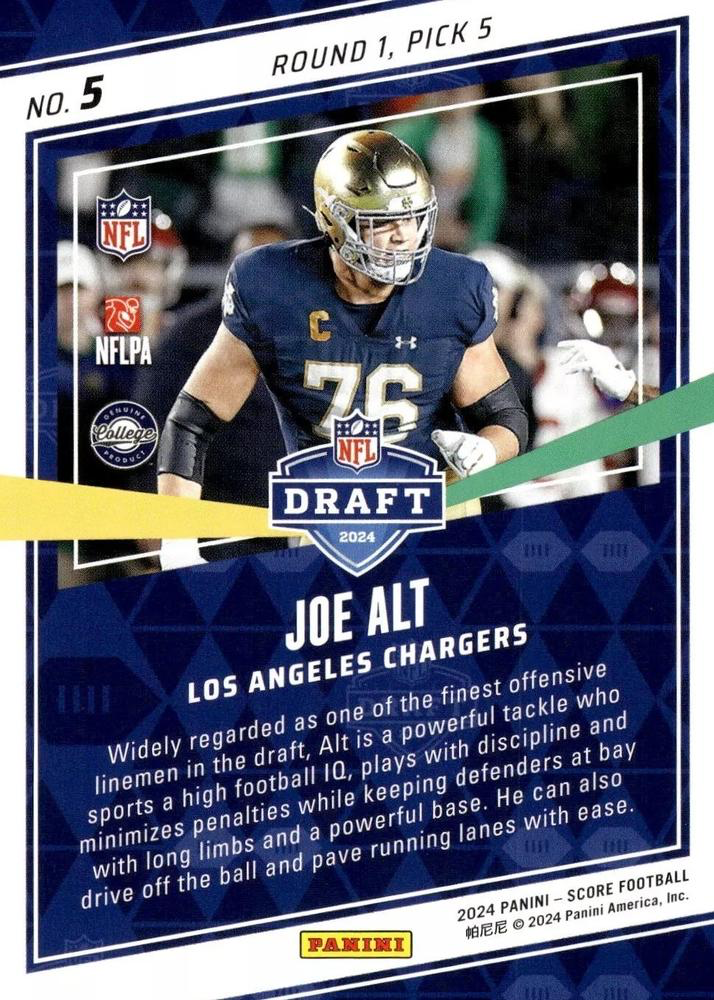 2024 Panini Score Football NFL Draft Joe Alt Los Angeles Chargers #5 RC