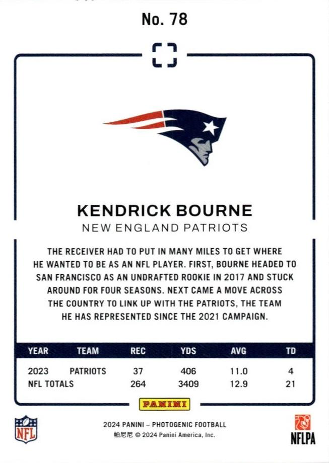 2024 Panini Photogenic Kendrick Bourne #78 New England Patriots