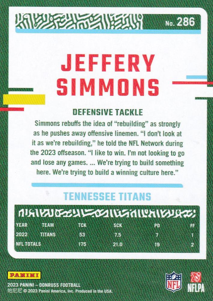 2023 Panini Donruss Jeffery Simmons #286 Tennessee Titans