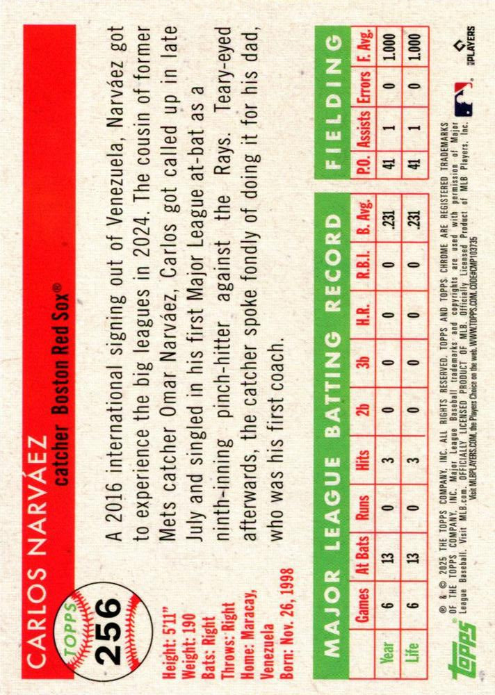 2025 Topps Chrome Platinum RC Carlos Narváez #256 Boston Red Sox
