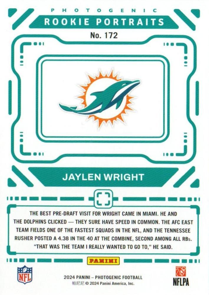 2024 Panini Photogenic Portrait RC Jaylen Wright #172 Miami Dolphins