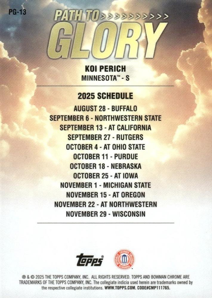 2025 Topps Bowman U Chrome Path to Glory Koi Perich #PG-13 Minnesota Golden Gophers