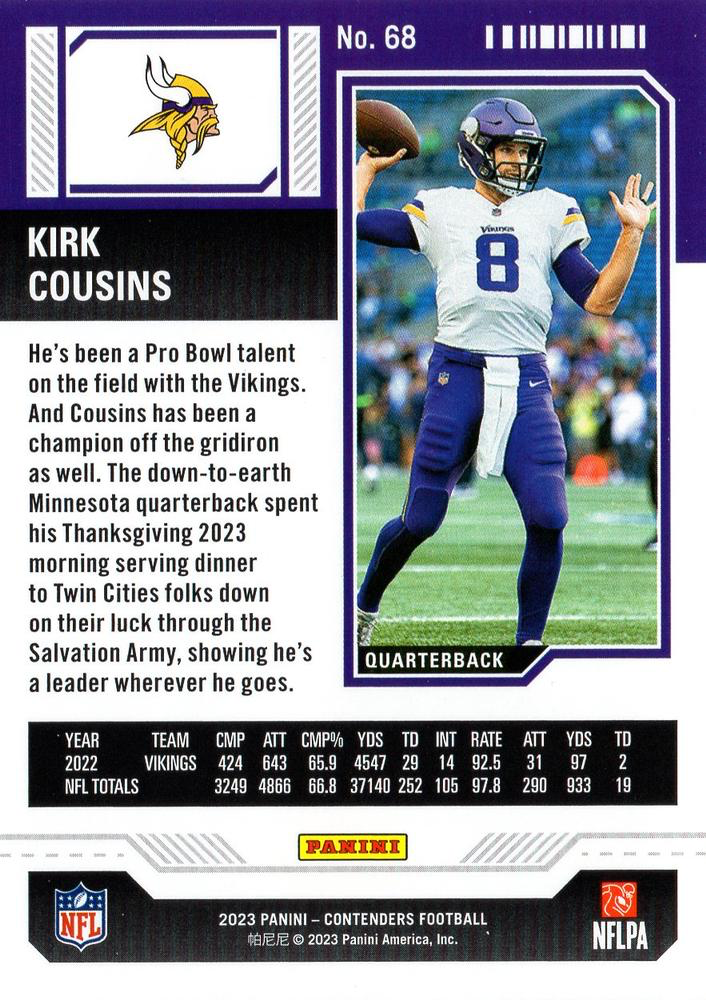 2023 Panini Contenders Kirk Cousins Minnesota Vikings #68