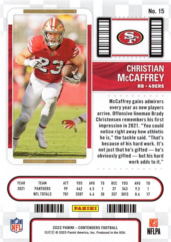 2022 Panini Contenders Christian McCaffrey #15 San Francisco 49ers