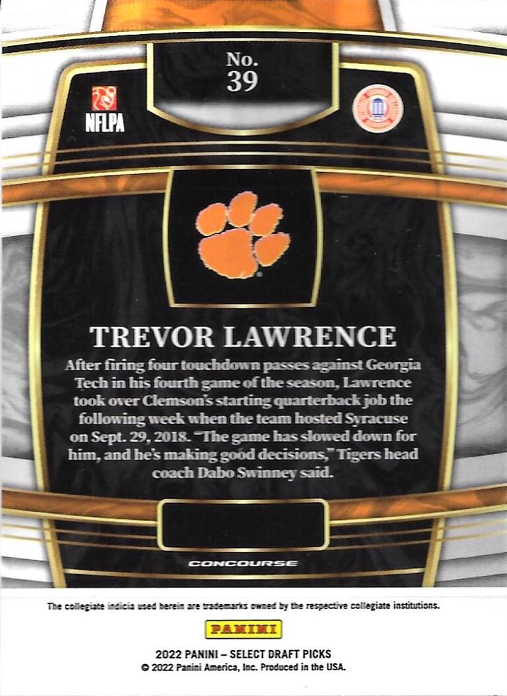 2022 Panini Select Draft Picks Blue Trevor Lawrence #39 Clemson Tigers