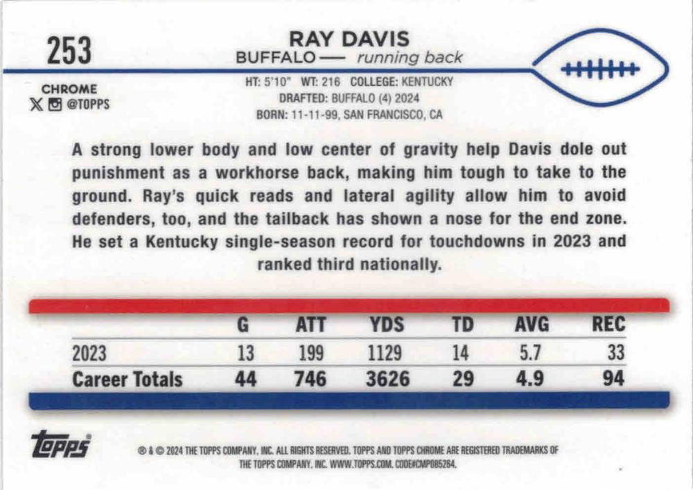 2024 Topps Chrome Football X- Fractor Ray Davis RC #253 Buffalo Bills