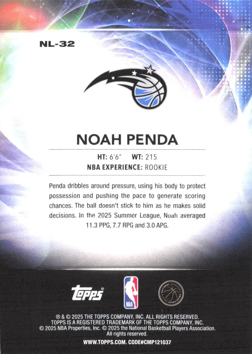 2025 Topps NBA No Limit Noah Penda NL-32 Orlando Magic