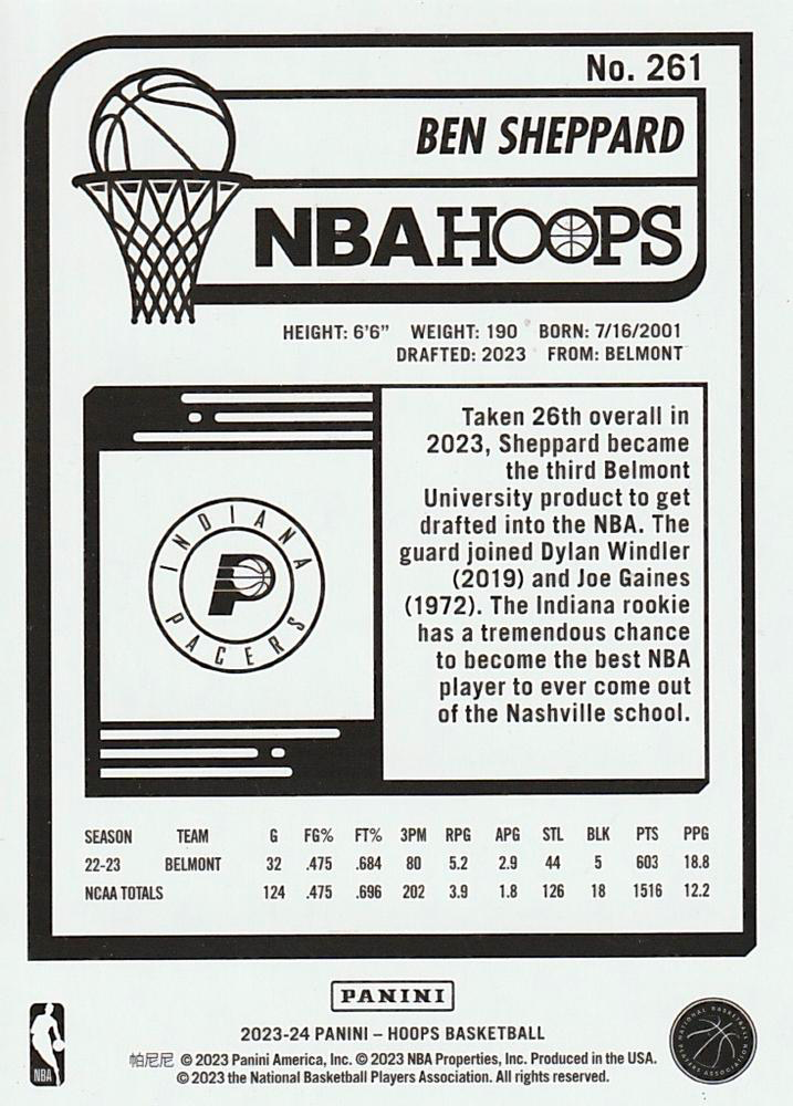 2023 Panini Hoops Ben Sheppard RC #261 Indiana Pacers