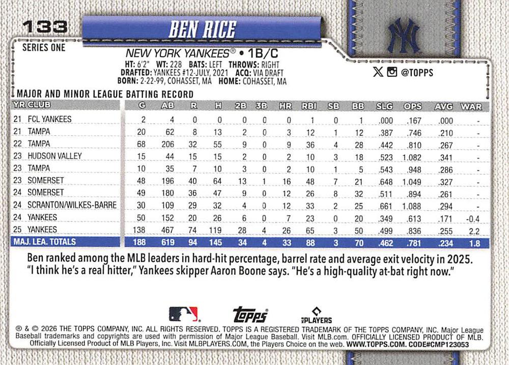 2026 Topps Series 1 Ben Rice #133 New York Yankees