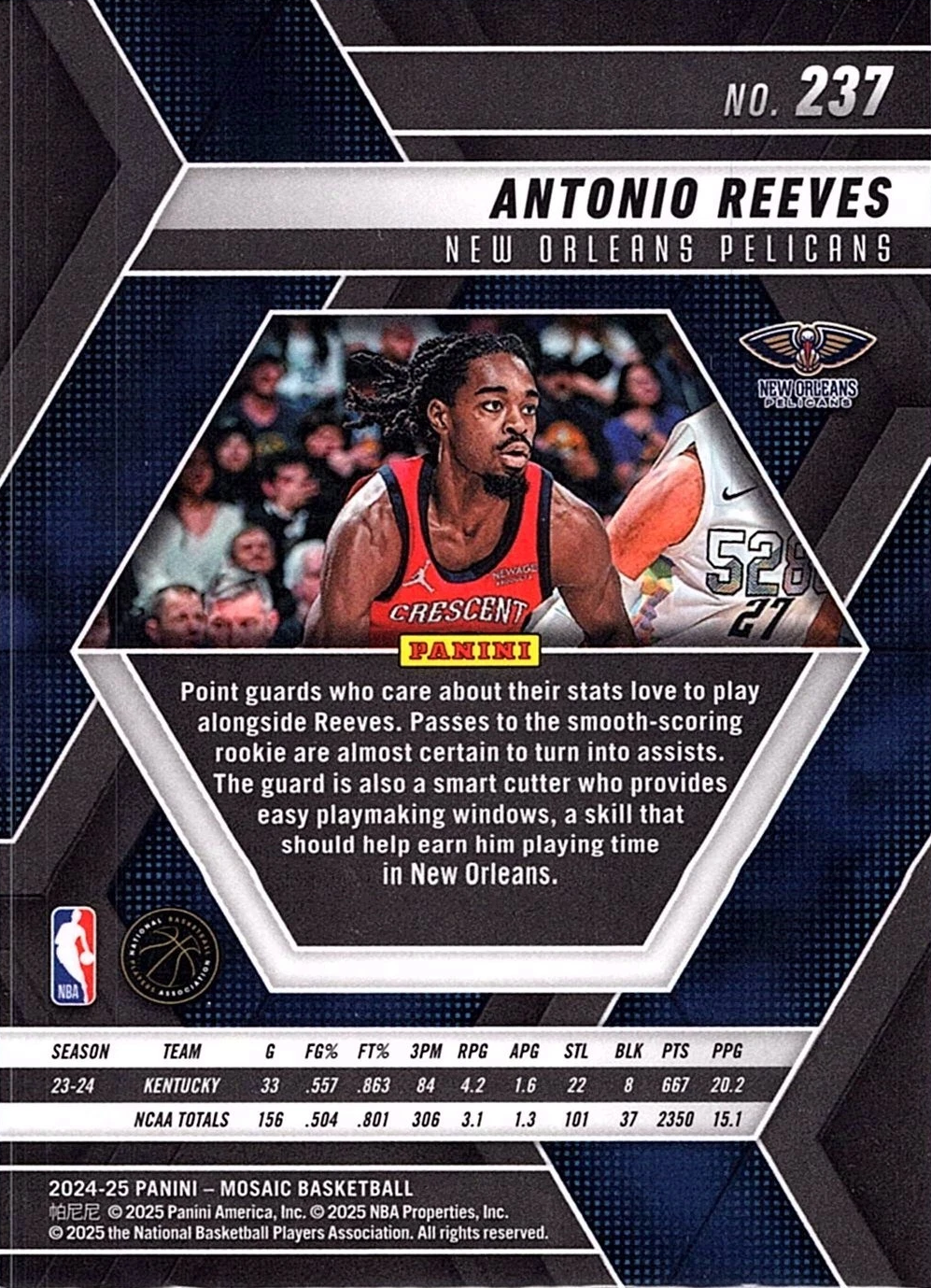 2024 Panini Mosaic Antonio Reeves RC #237 New Orleans Pelicans