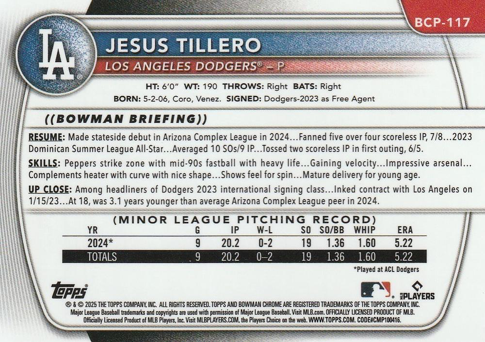 2025 Topps Bowman Chrome Prospect Jesus Tillero 1st #BCP-117 Los Angeles Dodgers