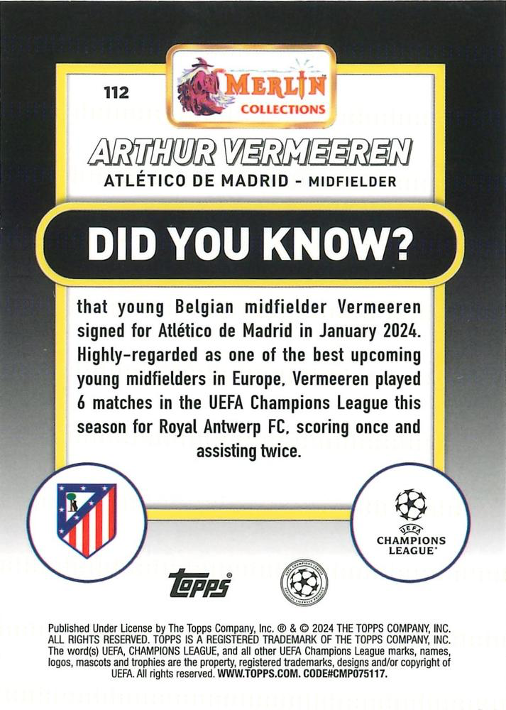 2023 Topps Merlin Chrome UCC Arthur Vermeeren RC #112 Atletico Madrid
