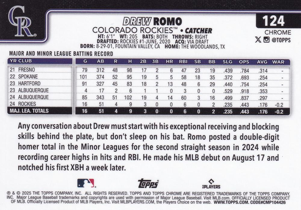 2025 Topps Chrome MLB Drew Romo RC #124 Colorado Rockies