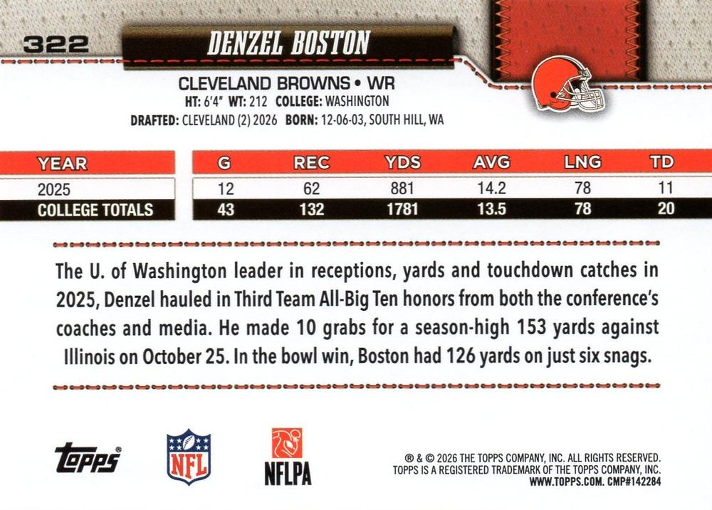 2026 Topps Flagship RC Denzel Boston #322 Cleveland Browns