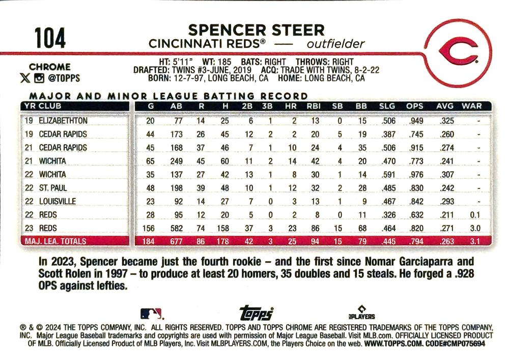 2024 Topps Chrome Spencer Steer ASR Cincinnati Reds #104