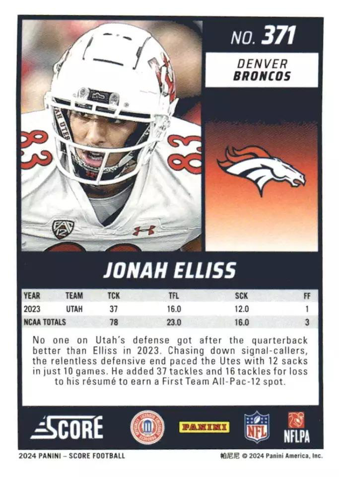 2024 Panini Score Football Jonah Elliss Denver Broncos #371 RC