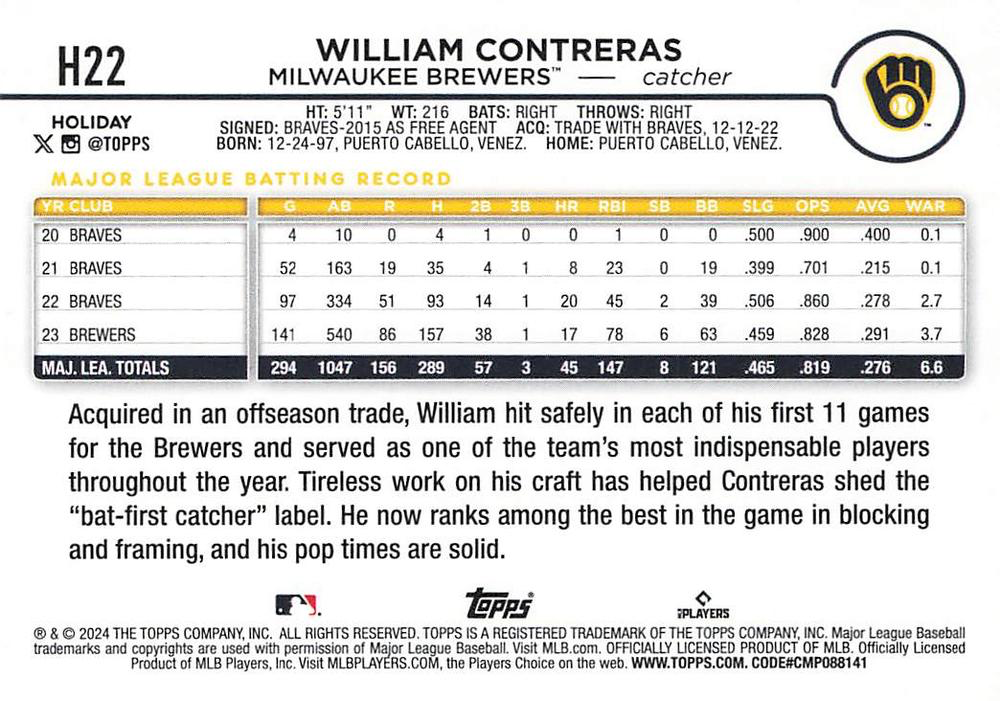 2024 Topps Holiday William Contreras Milwaukee Brewers #H22