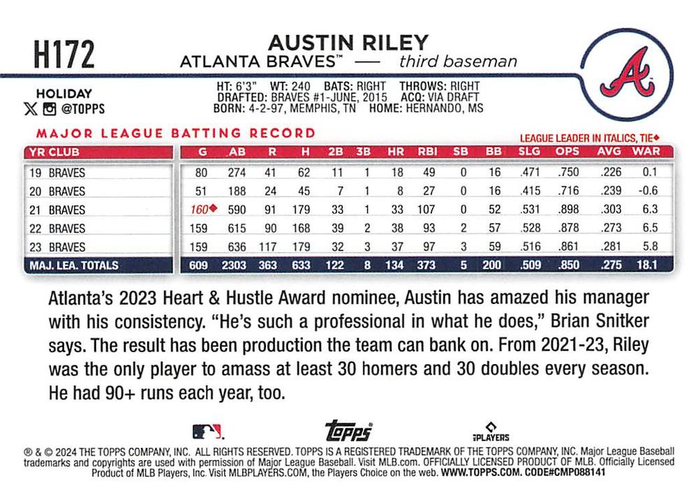 2024 Topps Holiday Austin Riley Atlanta Braves #H172
