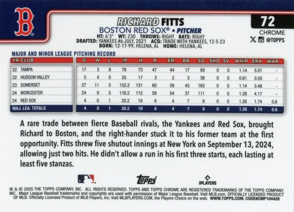 2025 Topps Chrome MLB Richard Fitts RC #72 Boston Red Sox