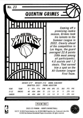 2022 Panini Hoops Quentin Grimes #23 New York Knicks