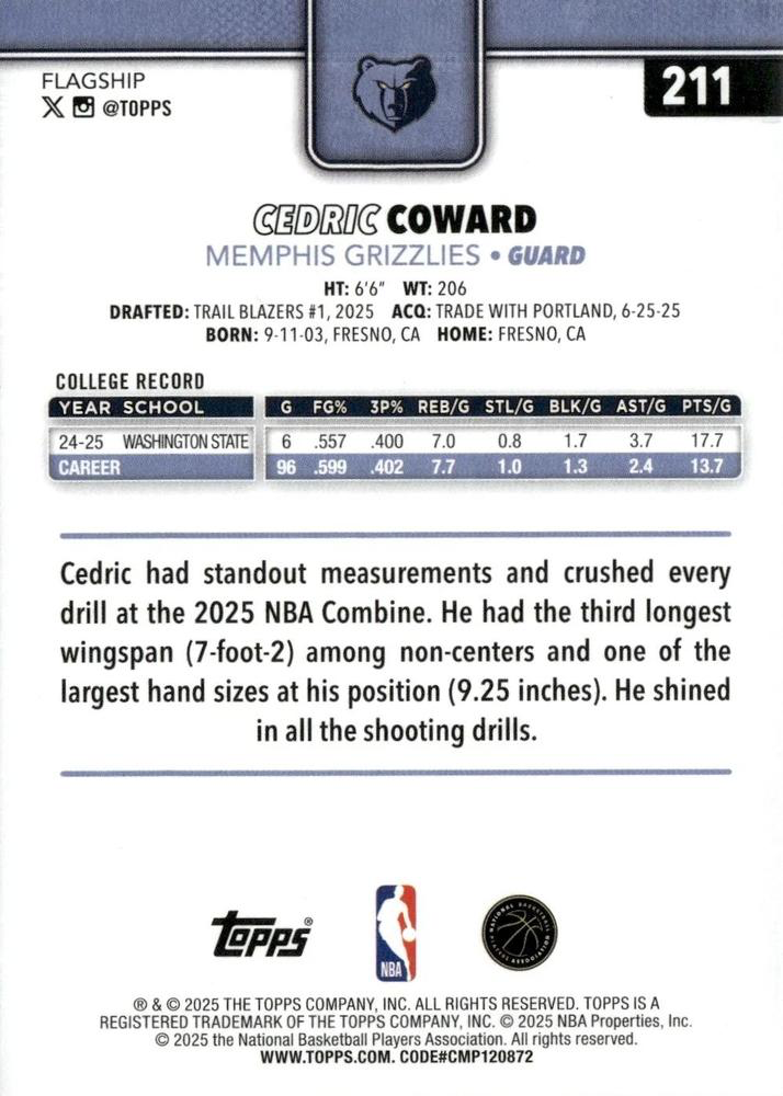 2025 Topps NBA Cedric Coward RC #211 Memphis Grizzlies